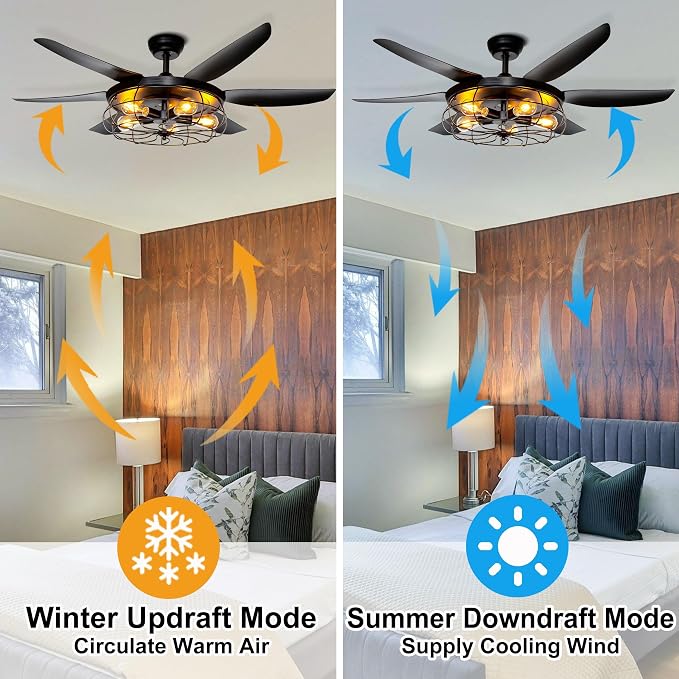 Ohniyou 52'' Rustic Farmhouse Ceiling Fan with Lights and Remote | Caged Light Fixture, E26 Bulbs Socket, Industrial Covered Outdoor Fans for Patio, Living Room, Dining Room, Bedroom, Black