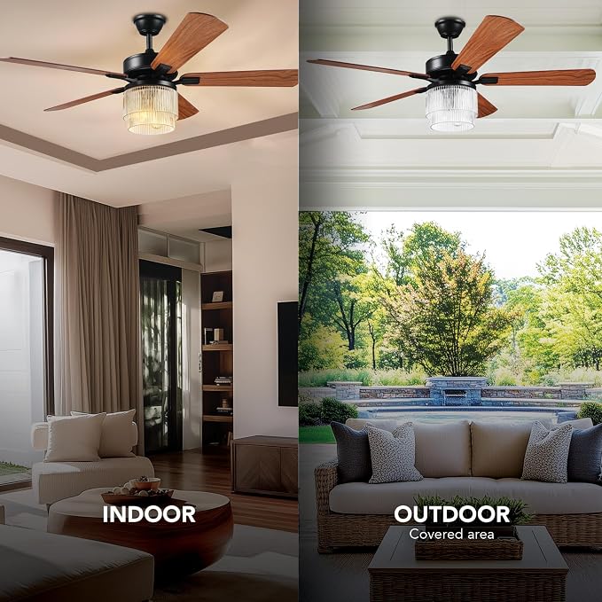 52" Matte Black 2-Light Indoor/Covered Outdoor Ceiling Fan with Glass Shade and Remote Control | WhisperQuiet DC Motor, 6 Speeds, Reversible Blades, Reversible Airflow, Remote Included, Bulbs Sold Separately