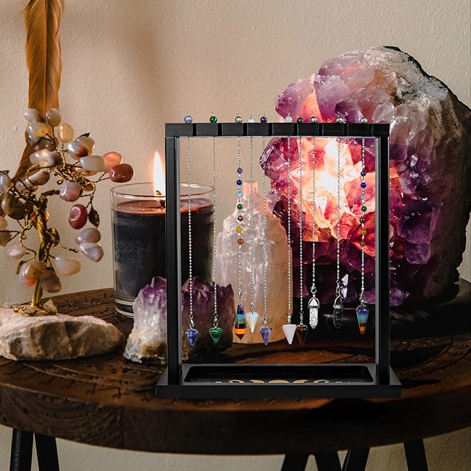 Black Pendulum Crystal Display Holder, Wood Witch Rock Stone Stand, Moon Phase Wiccan Supplies Incense Rack Shelf with Tray for Witchcraft Gift Organizer 15 Pendulum Necklaces