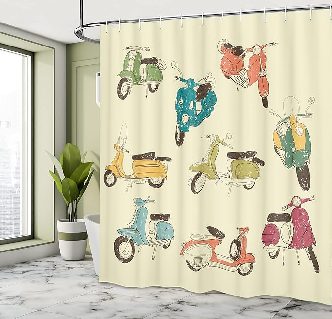 Ambesonne 1960s Shower Curtain, Scooters Romantic Aged History Motorcycle Trip Street Town Power Retro Illustration, Cloth Fabric Bathroom Decor Set with Hooks, 69" W x 70" L, Cream Orange
