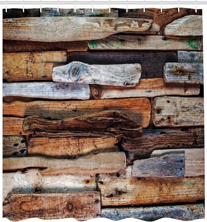 Ambesonne Driftwood Shower Curtain, Wooden Theme Driftwood and Knotty Planks in The Vintage Style Design Digital Image, Cloth Fabric Bathroom Decor Set with Hooks, 69" W x 70" L, Brown