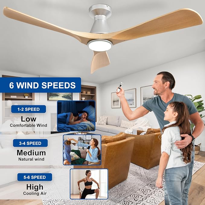 Depuley 52-Inch Ceiling Fans with Lights: Wood 3 Blade Flush Mount Low Profile Ceiling Fan for Bedroom - Dimmable Indoor Outdoor Fan with Remote Control Ultra Quiet DC Motor Timer