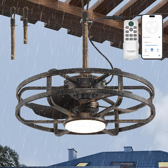20" Outdoor Ceiling Fan with Light – Waterproof Plug-In Smart Fan for Porch, Pergola & Gazebo, 4CCT Color Adjustable, Alexa & Google Compatible, Caged Design, Brushed Gold Finish