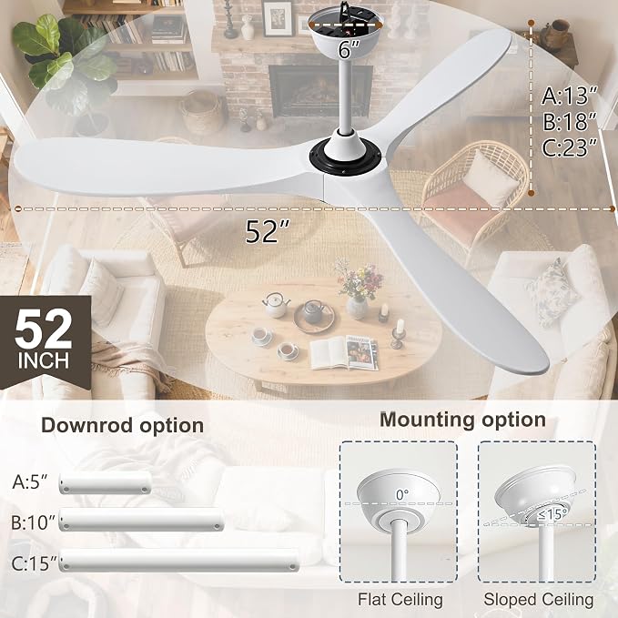 White Ceiling Fan with Light and Remote 52 Inch, Wood Outdoor Ceiling Fans with Lights 3 Blade Propeller High CFM Wet Rated Modern Fan for Indoor Living Room Patios Gazebo Bedroom