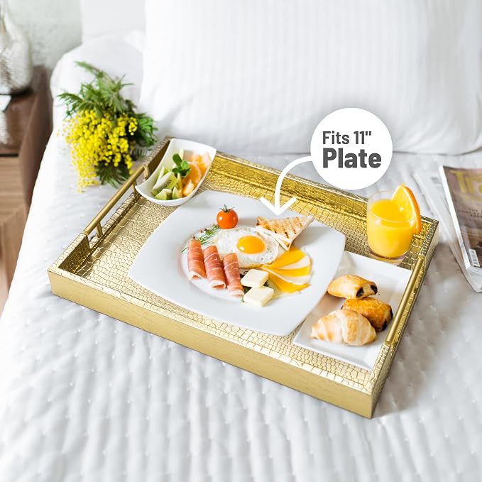 ATZYmolin 17"x12" Leather Serving Tray, Gold Handle Vanity Platter, Gold | Rectangle Ottoman Decor Tray, Polished Metal Handles, Coffee Table Bathroom Home Decorative Wood Tray