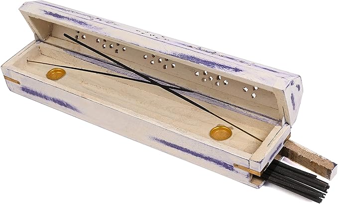 Incense Garden Pack of 2 White Washed Blue Wood Incense Box Burner 12"