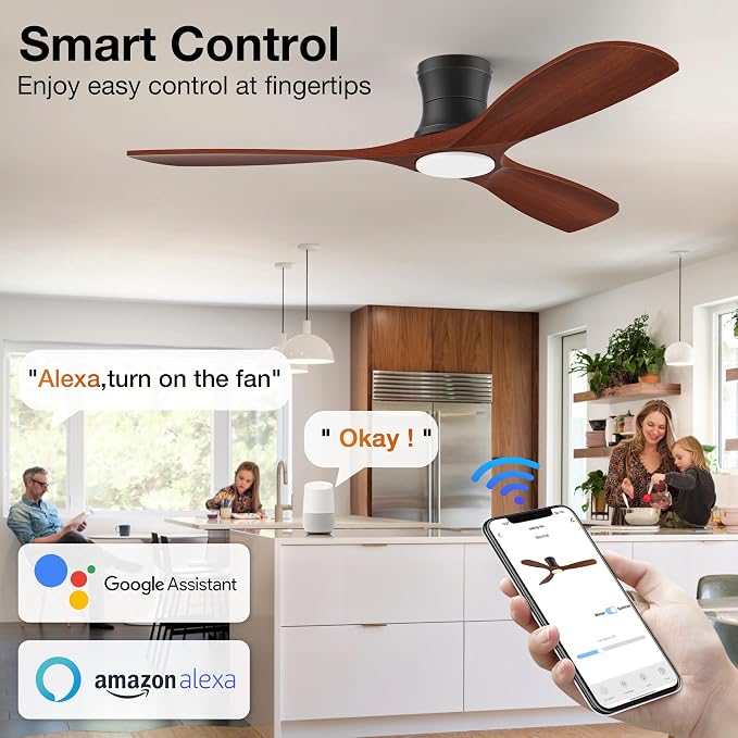 52” Wood Low Profile Ceiling Fans with Lights,Smart Control with Alexa App Remote,Outdoor Indoor Flush Mount Ceiling Fan for Modern Bedroom Patio,Brown Wood& Black,3 Blades,Dimmable,6 Speed,Noiseless