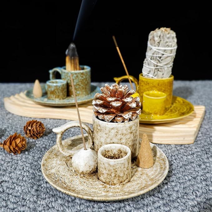 MOUGIGI 5.1-Inch 5-in-1 Yellow Ceramic Incense Holder - Fits Palo Santo, Sage, Incense Sticks/Cones, Small Candle, Smudge Burning Tray.Zen Altar for Meditation/Yoga, Aromatic Scents, Matches Friendly