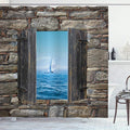 Ambesonne Nautical Shower Curtain, Image of a Sailing Boat from Stone Window Narrow Perspective Idyllic Mediterranean, Cloth Fabric Bathroom Decor Set with Hooks, 69" W x 84" L, Grey Blue