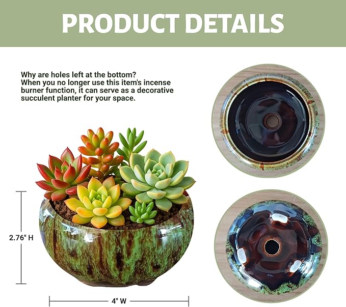 Incense Burner with Calabash Incense Stick Holder - Porcelain Charcoal Censer for Use with Resin Granular Powder Cone or Coil Incense (Kiln-Colored Green)