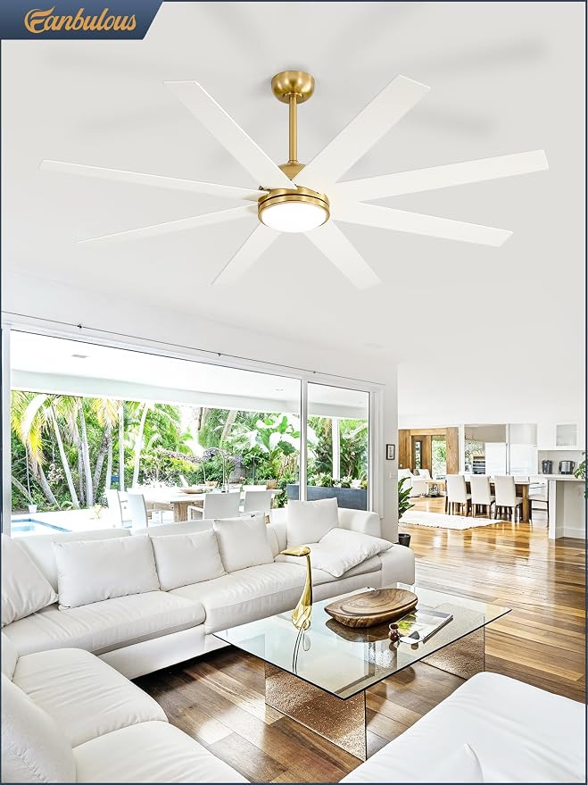 Fanbulous 65 Inch Ceiling Fans with Lights and Remote, Gold Indoor/Outdoor Ceiling Fan with Quiet Reversible DC Motor, 6 Speeds, 3CCT, 8 Blades Large Ceiling Fan for Living Room Bedroom Patio