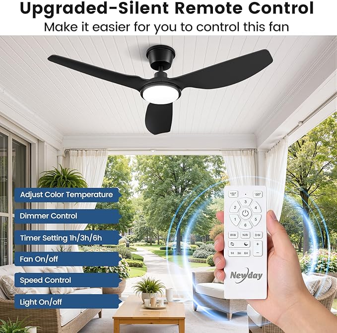 Newday 52 Inch IP66 Waterproof Outdoor Ceiling Fan with Lights, Heavy Duty Weatherproof Gazebo Fan with Remote, 3CCT Dimmable LED, 9000CFM Quiet DC Motor for Patio, Porch, Pergola, Black