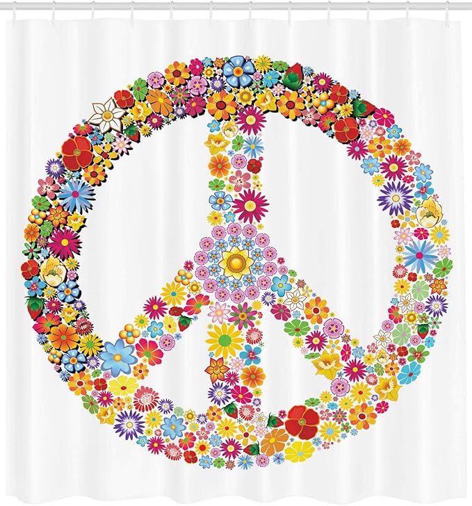 Ambesonne Groovy Shower Curtain, Floral Peace Sign Summer Spring Blooms Love Happiness Themed Illustration Print, Cloth Fabric Bathroom Decor Set with Hooks, 69" W x 84" L, White