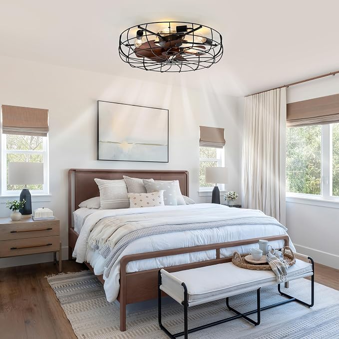 LEDIARY 26" Large Caged Ceiling Fans with Lights and Remote, Flush Mount Bladeless Low Profile, Farmhouse Industrial Enclosed Ceiling Fan for Bedroom, Kitchen, Indoor