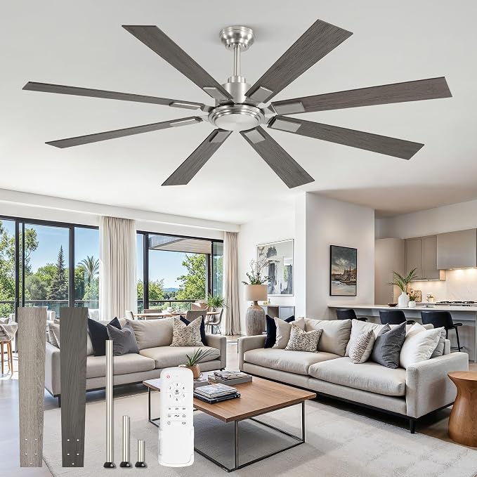 65 Inch Brushed Nickel Modern Ceiling Fan No Light with Remote, Outdoor Ceiling Fans Without Light with Quiet Reversible DC Motor, 6 Speeds, 8 Blades Large Ceiling Fan for Patios, Living Room, Garage