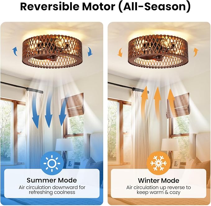 20" Farmhouse Flush Mount Ceiling Fan with Light, Low Profile Wooden Fandelier Ceiling Fan with Remote, 6 Speed Reversible Caged Ceiling Fans with Lights for Bedroom Kitchen Living Room