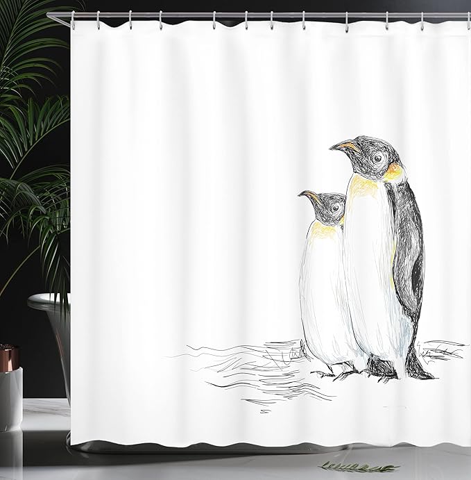 Ambesonne Sea Animals Shower Curtain, Hand Drawn Art Penguins Aquatic Flightless Birds Polar South Pole Wildlife, Cloth Fabric Bathroom Decor Set with Hooks, 69" W x 84" L, Charcoal White