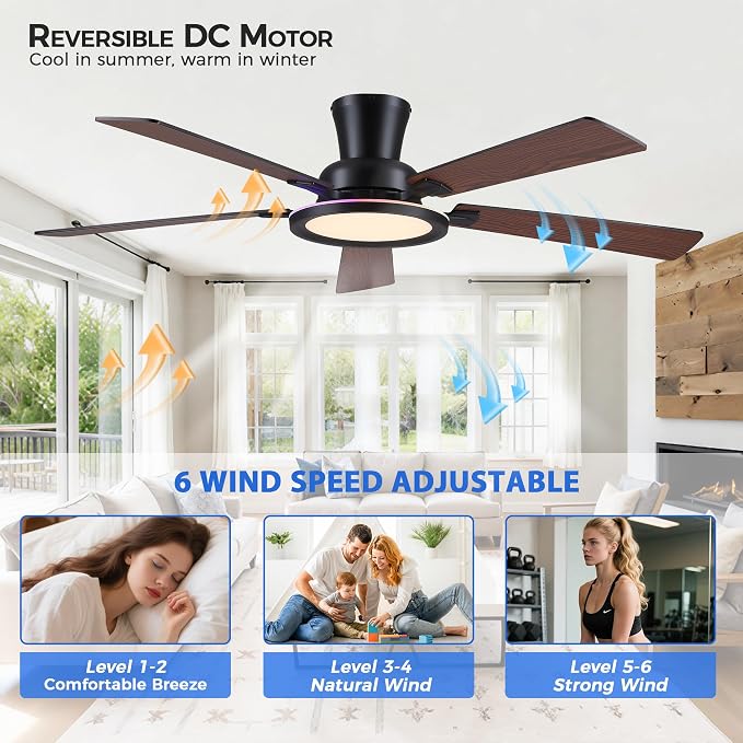 Ayaoty Ceiling Fans with Lights - 52in Flush Mount Ceiling Fan with RGB Dimmable, 3CCT 6 Wind Speeds and Reversible Quiet Motor, Low Profile RGB Fan Light for Modern Indoor, Party - Brown