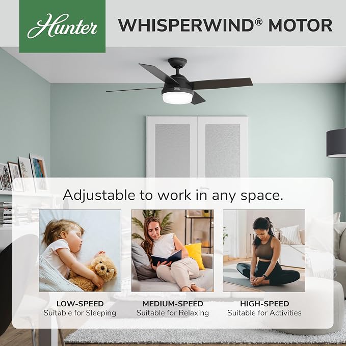 Hunter Dempsey, Indoor, Ceiling Fan, Modern, 4 Blades, 52 inch, Matte Black | with LED Light and Remote Control, Standard Mount, For Bedroom, Living Room, Kitchen, 52388