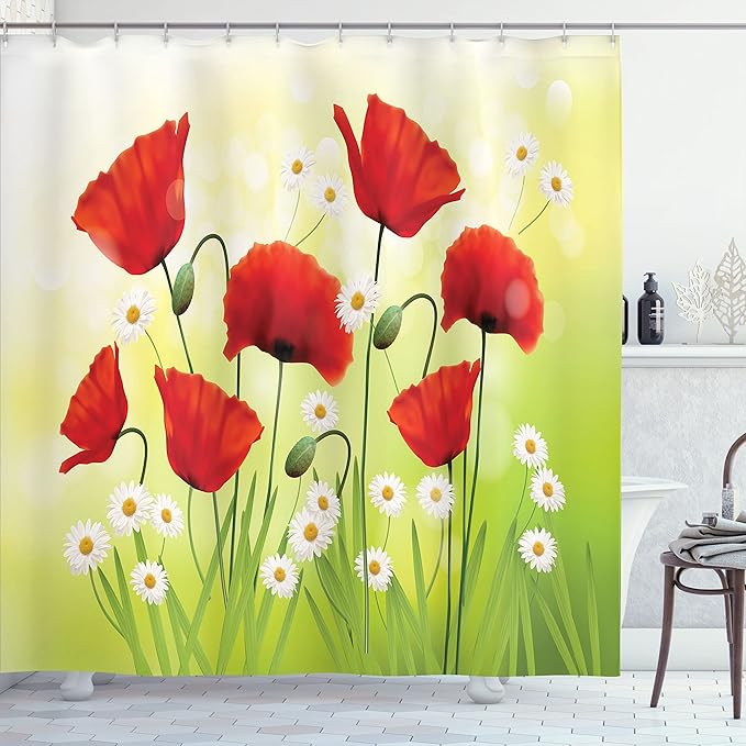 Ambesonne Poppy Flower Shower Curtain, Spring Environment with Poppies and Daisies on Grass Flourishing Nature, Cloth Fabric Bathroom Decor Set with Hooks, 69" W x 75" L, Red Green