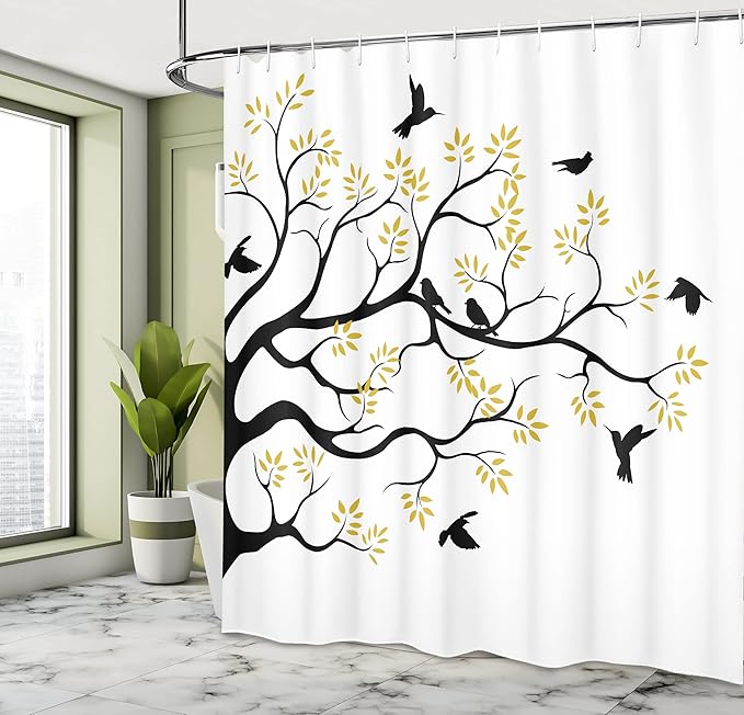 Ambesonne Birds Shower Curtain, Flying and Sitting Birds on The Tree Branch Flowers Weed Nature Peace Theme, Cloth Fabric Bathroom Decor Set with Hooks, 69" W x 70" L, White Yellow