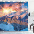 Ambesonne Mountain Shower Curtain, Mountain View with Colorful Winter Sunrise on The Top Nature Art, Cloth Fabric Bathroom Decor Set with Hooks, 69" W x 70" L, Yellow White
