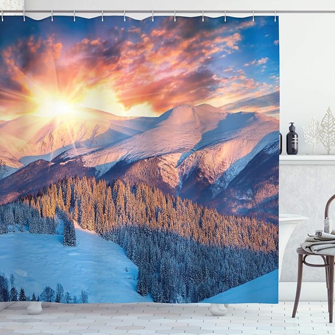 Ambesonne Mountain Shower Curtain, Mountain View with Colorful Winter Sunrise on The Top Nature Art, Cloth Fabric Bathroom Decor Set with Hooks, 69" W x 70" L, Yellow White