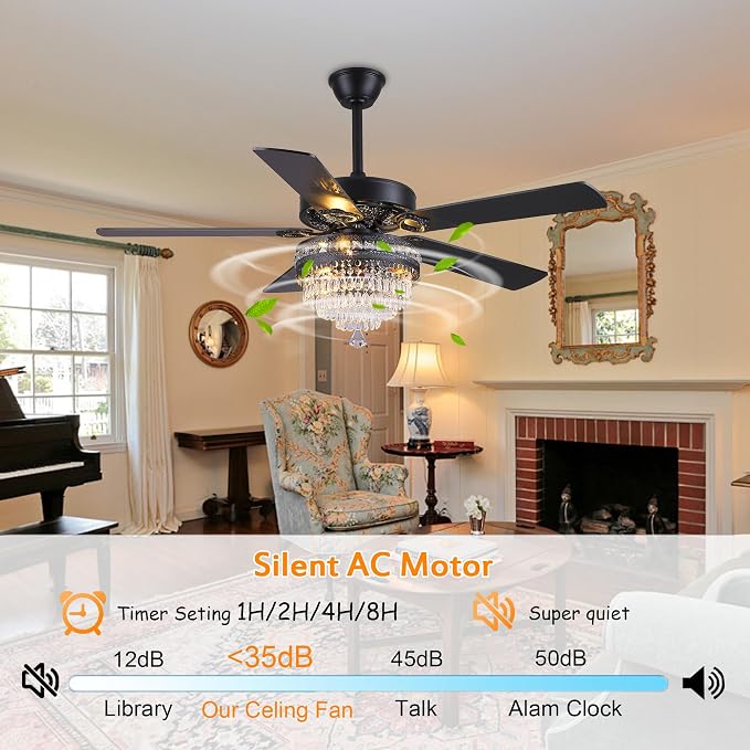 GJeg Crystal Ceiling Fan Fandelier with Lights- Retro Outdoor Fans with Remote Control, Farmhouse Ceiling Fan with Noiseless AC Reversible Motor,Dining Room,Living Room(52" Black)