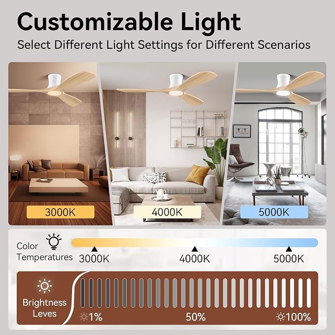 Livory 52” Wood Smart Flush Mount Ceiling Fans with Lights and Remote,Quiet DC Motor,Outdoor Indoor Ultra Low Profile Ceiling Fan works with Alexa WIFI APP,Modern White Ceiling Fan for Bedroom Patio