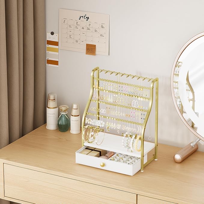 SWTYMIKI Earring Holder Organizer - Jewelry Organizer Stand with Necklace Hooks, Watch Rods, Nonwoven Drawer, Large Capacity Jewelry Display for Stud Earring Bracelet Necklace Ring, Gold