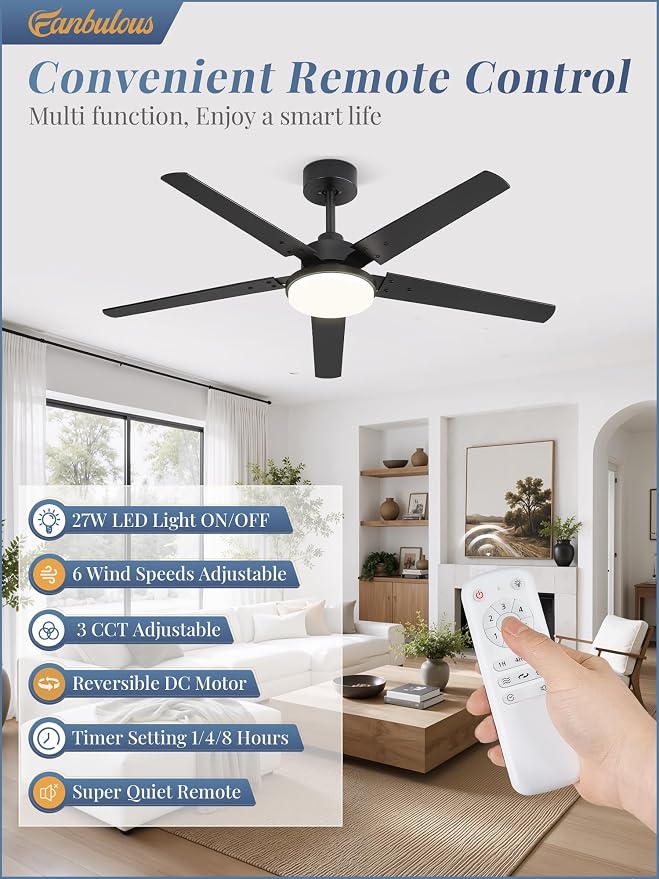 Fanbulous 52 inch Large Ceiling Fans with Lights and Remote, 27 W LED light | Outdoor Black Ceiling Fan with 5 Blades, 3 CCT, 6 Speed Reversible Quiet DC Motor, Modern Ceiling Fan for Living Room Patio