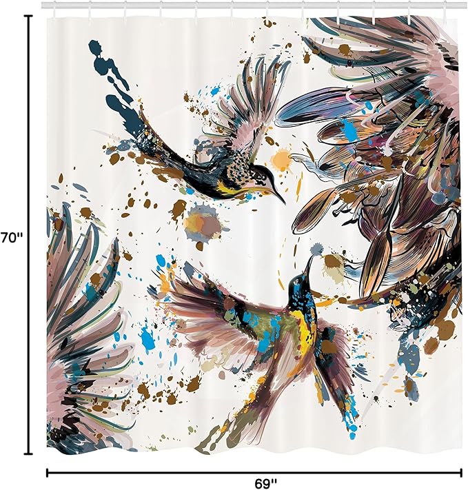 Ambesonne Hummingbird Shower Curtain, Art Lily Flowers Birds and Color Splashes in Watercolor Painting Style, Cloth Fabric Bathroom Decor Set with Hooks, 69" W x 70" L, Blush Teal