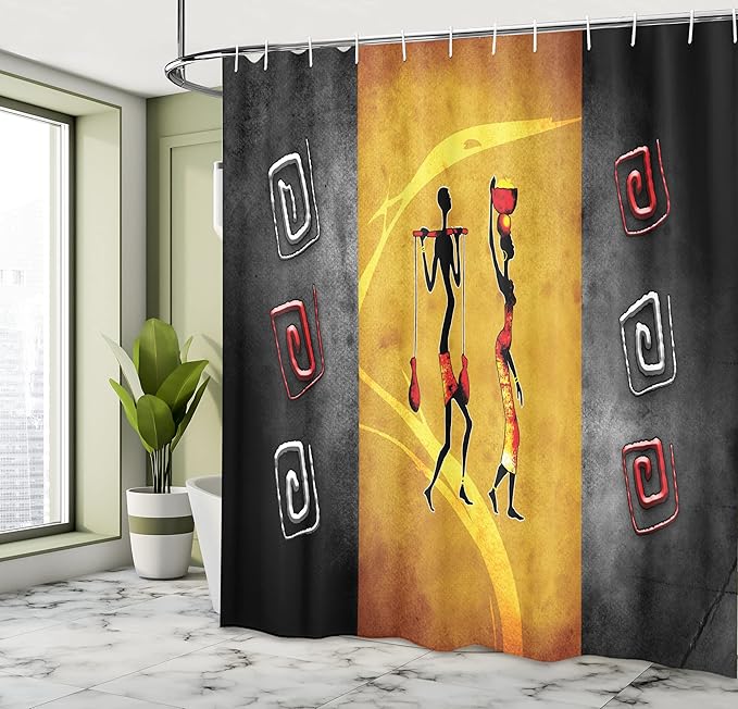 Ambesonne African Shower Curtain, People Carrying Some Local Elements on Their Heads Retro Drawing Style, Cloth Fabric Bathroom Decor Set with Hooks, 69" W x 75" L, Black Grey