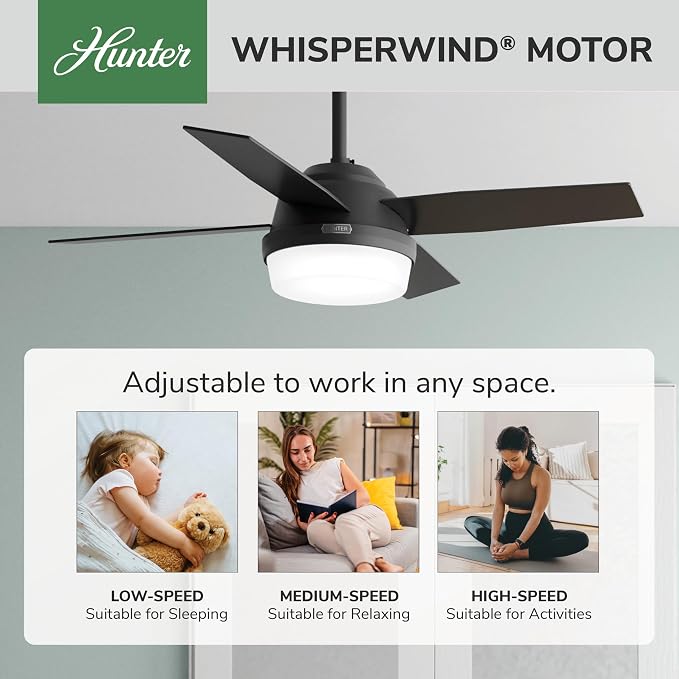 Hunter Dempsey, Indoor, Ceiling Fan, Modern, 4 Blades, 44 inch, Matte Black | with LED Light and Remote Control, Standard Mount, For Bedroom, Living Room, Kitchen, 52391