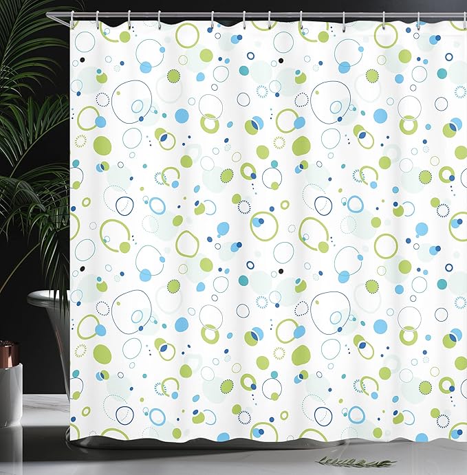 Ambesonne Abstract Shower Curtain, Blue and Green Bubble Like Circle and Dots Pattern Design Print, Cloth Fabric Bathroom Decor Set with Hooks, 69" W x 75" L, Pale Green Pale Blue