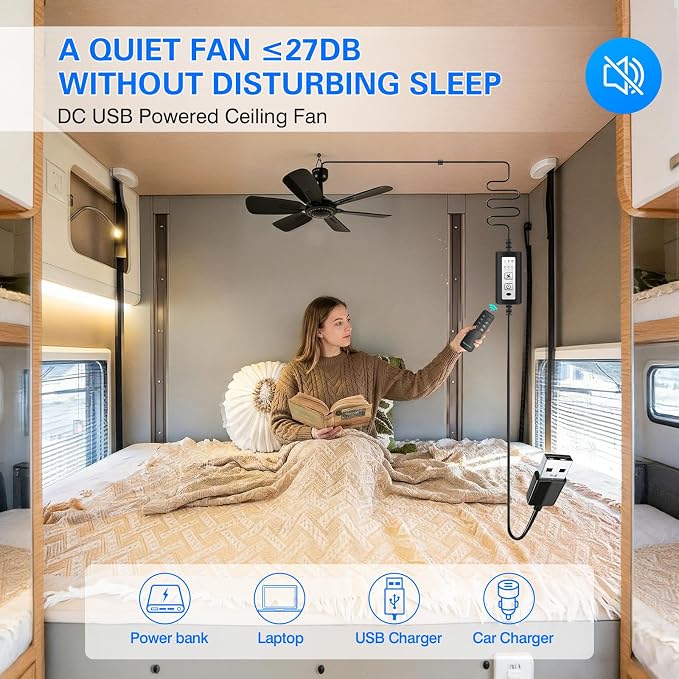 17.7" Inch Portable Ceiling Fan with Remote Control Timing 3 Speed,USB Plug In,5V DC Powered,6 Blades,Indoor/Outdoor RV Camping Tent Canopy,Gazebo,Beach,Hanging,Quiet,black