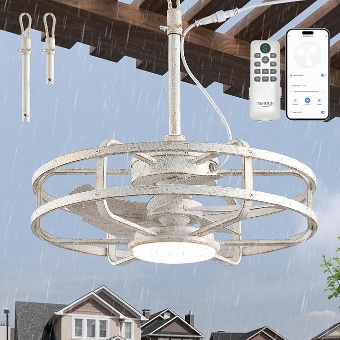20" Outdoor Ceiling Fan with Light – Waterproof Plug-In Smart Fan for Porch, Pergola & Gazebo, 4CCT Color Adjustable, Alexa & Google Compatible, Caged Design, Antique White Gold Finish