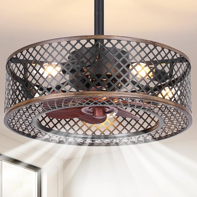 REDSTAR Caged Ceiling Fans with Lights, Black Industrial Ceiling Fan with Light and Remote, Farmhouse Ceiling Fan Light for Living Room, Bedroom, Kitchen (Modern Minimalist)
