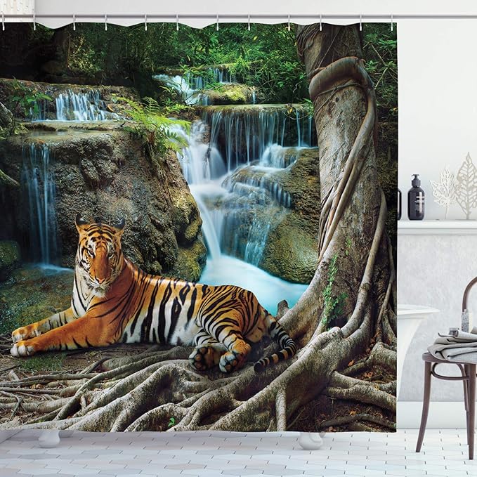 Ambesonne Savannah Shower Curtain, Indochina Tiger Laying Under Banyan Tree Against Limestone Waterfall Nature, Cloth Fabric Bathroom Decor Set with Hooks, 69" W x 70" L, Green