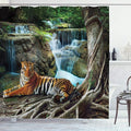 Ambesonne Savannah Shower Curtain, Indochina Tiger Laying Under Banyan Tree Against Limestone Waterfall Nature, Cloth Fabric Bathroom Decor Set with Hooks, 69" W x 70" L, Green