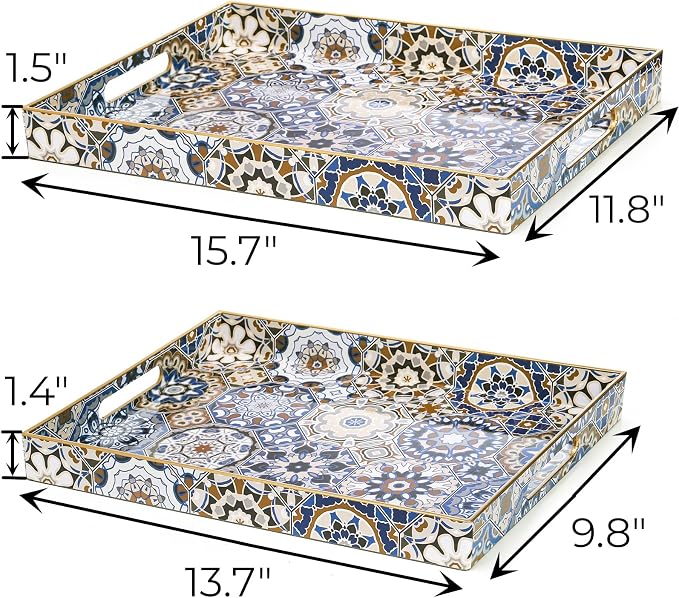 Hiceeden Set of 2 Decorative Serving Trays with Handles, Boho Tea Trays Ottoman Trays for Serving, Modern Plastic Coffee Table Tray for Living Room, Kitchen, Bathroom, Rectangle, Blue