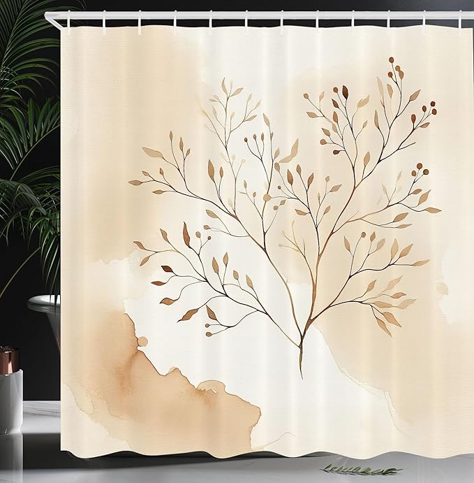 Ambesonne Tan Shower Curtain, Earthy Tones of Autumnal Melancholy Themed Leaves on Branches Aquarelle Dream, Cloth Fabric Bathroom Decor Set with Hooks, 69" W x 70" L, Champagne White Ecru