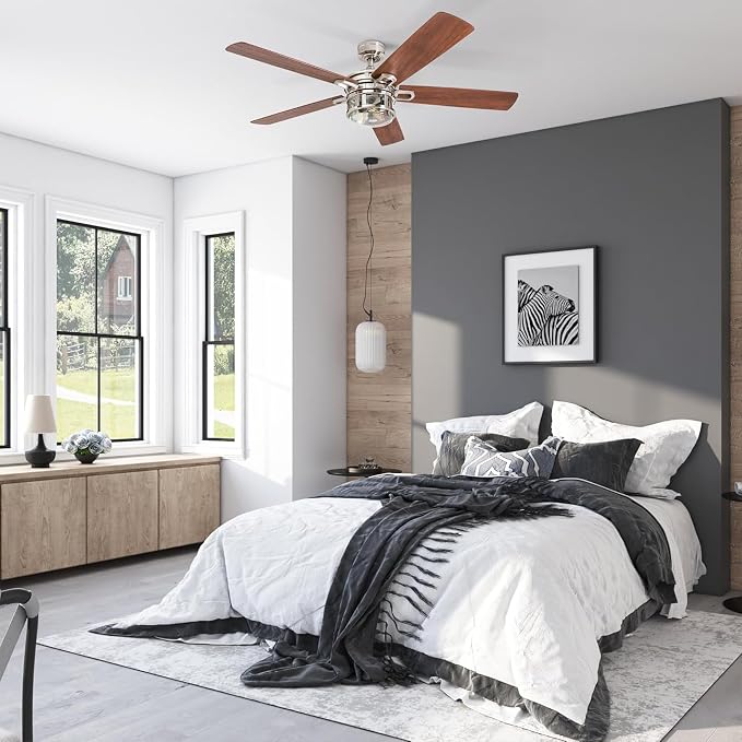 Honeywell Ceiling Fans Bonterra Modern 52 Inch Ceiling Fan with Light, Remote Control, LED Indoor Fan with 5 Blades, Light Brown Pine and Brown Chestnut Blade Finish Options, Brushed Nickel (50610-01)
