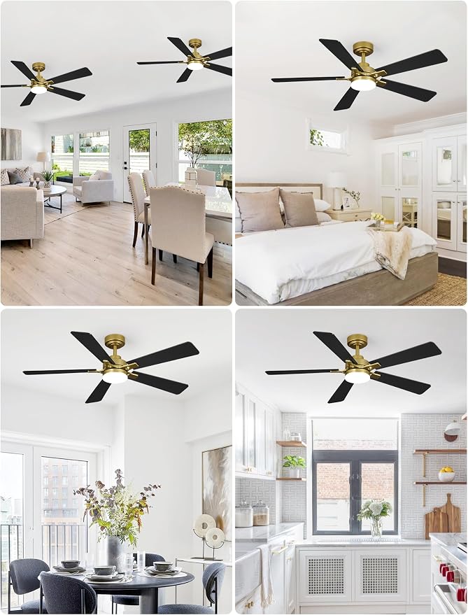 52 Inch Ceiling Fan with Lights and Remote, Downrod Mount, Sloped Ceiling Compatible up to 15°, Quiet Reversible DC Motor, 3CCT Dimmable LED, Gold Ceiling Fan for Bedroom Living Room