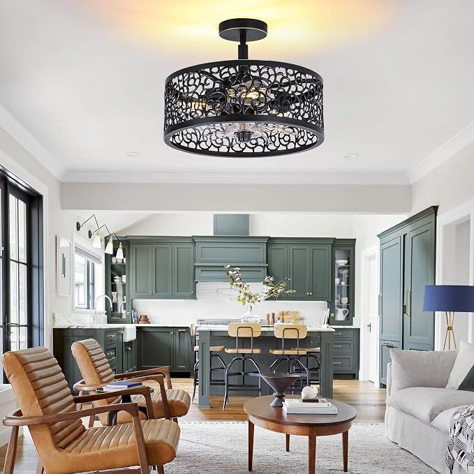 COCOSTAR Farmhouse Chandelier Ceiling Fans with Light:Caged Black Fandelier | Semi Flush Mount,Remote/APP,Sloped Ceiling,15" Rustic Fan with Small Light Fixtures for Living Dining Kitchen Bedroom Foyer