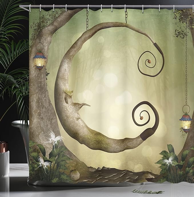 Ambesonne Cartoon Shower Curtain, Forest Secret Swing Old Tree Curly Half Moon Shaped Lamps Butterflies Print, Cloth Fabric Bathroom Decor Set with Hooks, 69" W x 70" L, Brown Khaki