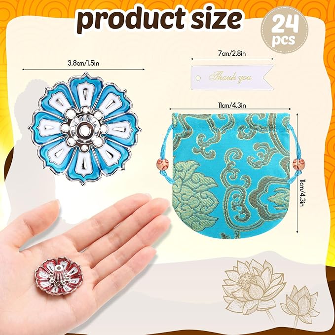 24 Sets Indian Return Gifts for Pooja Bulk Colorful Lotus Incense Holder Metal Incense Sticks Holder with Brocade Bags and Thanks Tags for Pooja Wedding Housewarming Spa Decor