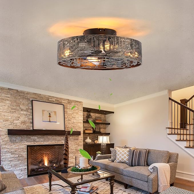 Caged Ceiling Fans with Lights Flush Mount,Low Profile Ceiling Fan with Remote,20 Inch Farmhouse Bronze Fan for Bedroom,6 Speeds Reversible Enclosed Fandalier Ceiling Fan with Bulb