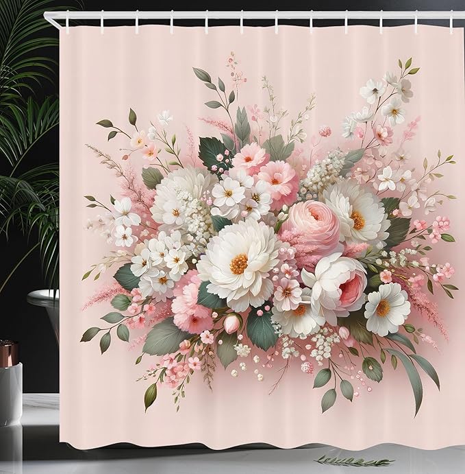 Ambesonne Floral Shower Curtain, Delicate Pink Bouquet of Spring Nature Blossoms Romantic Design Print, Cloth Fabric Bathroom Decor Set with Hooks, 69" W x 70" L, Rose Sage Green and White