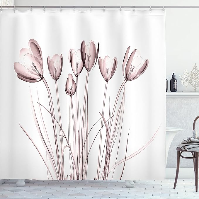 Ambesonne Flower Shower Curtain, X-ray Image of Tulips Solarized Effect Nature Inspired Illustration, Cloth Fabric Bathroom Decor Set with Hooks, 69" W x 75" L, Mauve Taupe
